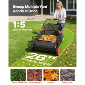 push lawn sweeper, 26 in leaf & grass collector with 7 cu. ft. hopper bag, adjustable brush height & spinning brushes, heavy duty yard sweeper with rubber wheels for leaves grass cleanup