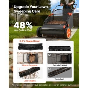 push lawn sweeper, 26 in leaf & grass collector with 7 cu. ft. hopper bag, adjustable brush height & spinning brushes, heavy duty yard sweeper with rubber wheels for leaves grass cleanup