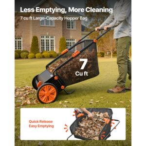 push lawn sweeper, 26 in leaf & grass collector with 7 cu. ft. hopper bag, adjustable brush height & spinning brushes, heavy duty yard sweeper with rubber wheels for leaves grass cleanup
