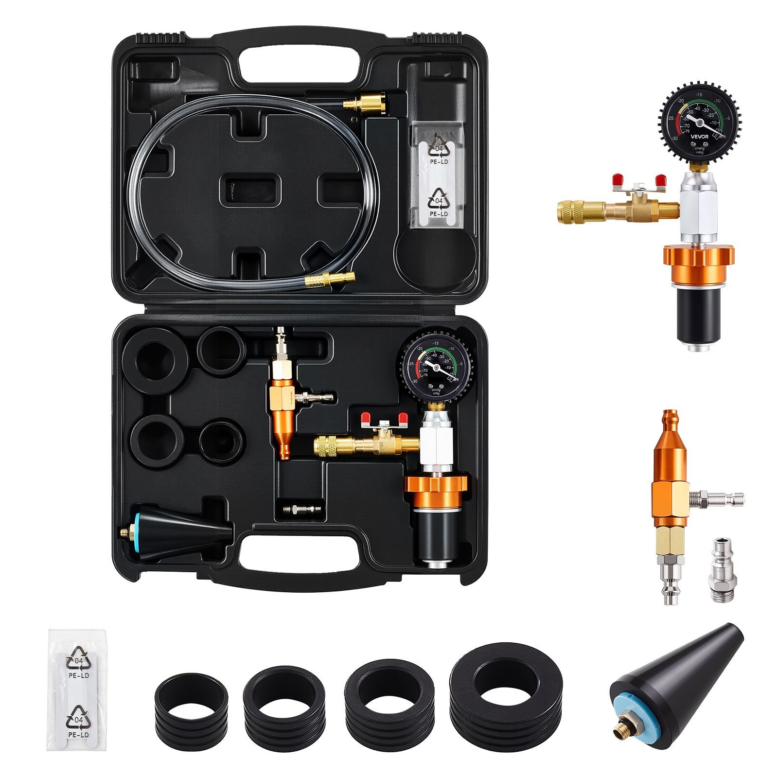 radiator vacuum refill kit, automotives cooling system vacuum & purge fill tool with gauge, portable radiator coolant filling kit with toolbox, universal fit for most cars vans suvs and trucks