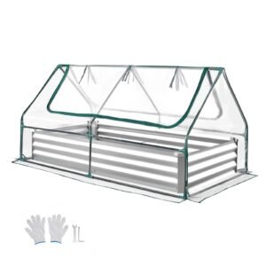 Raised Garden Bed with Cover, 6 x 3 x 1 ft, Rectangular Galvanized Metal Planter Box Kit Outdoor, with PE Greenhouse Cover & Gloves, Rustproof Alu-Zinc, for Growing Flowers Vegetables, Silver