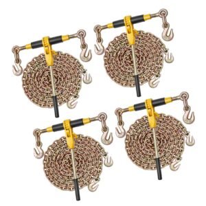 Ratchet Chain Binder, 5/16 in x 12.8 ft G80 Chains, 8000 lbs Working Load of Ratchet Load Binder, Chains and Binders Set, Tie Down Hauling Chain Binders for Hauling, Towing, Logging (4 Sets)