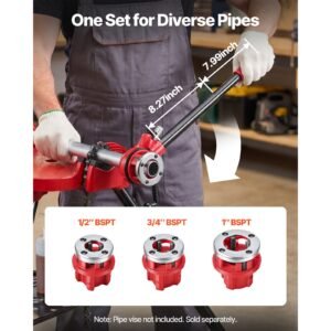 ratchet pipe threader kit with 3 dies, 1/2" bspt, 3/4" bspt, 1" bspt manual ratcheting pipe threading tool, portable pipes threader set with toolbox for plumbing installation & repair
