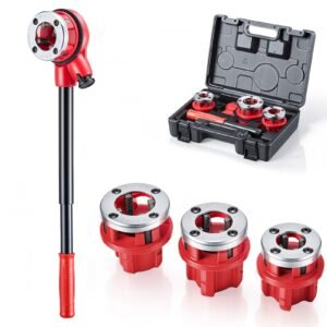 Ratchet Pipe Threader Kit with 3 Dies, 1/2" BSPT, 3/4" BSPT, 1" BSPT Manual Ratcheting Pipe Threading Tool, Portable Pipes Threader Set with Toolbox for Plumbing Installation & Repair