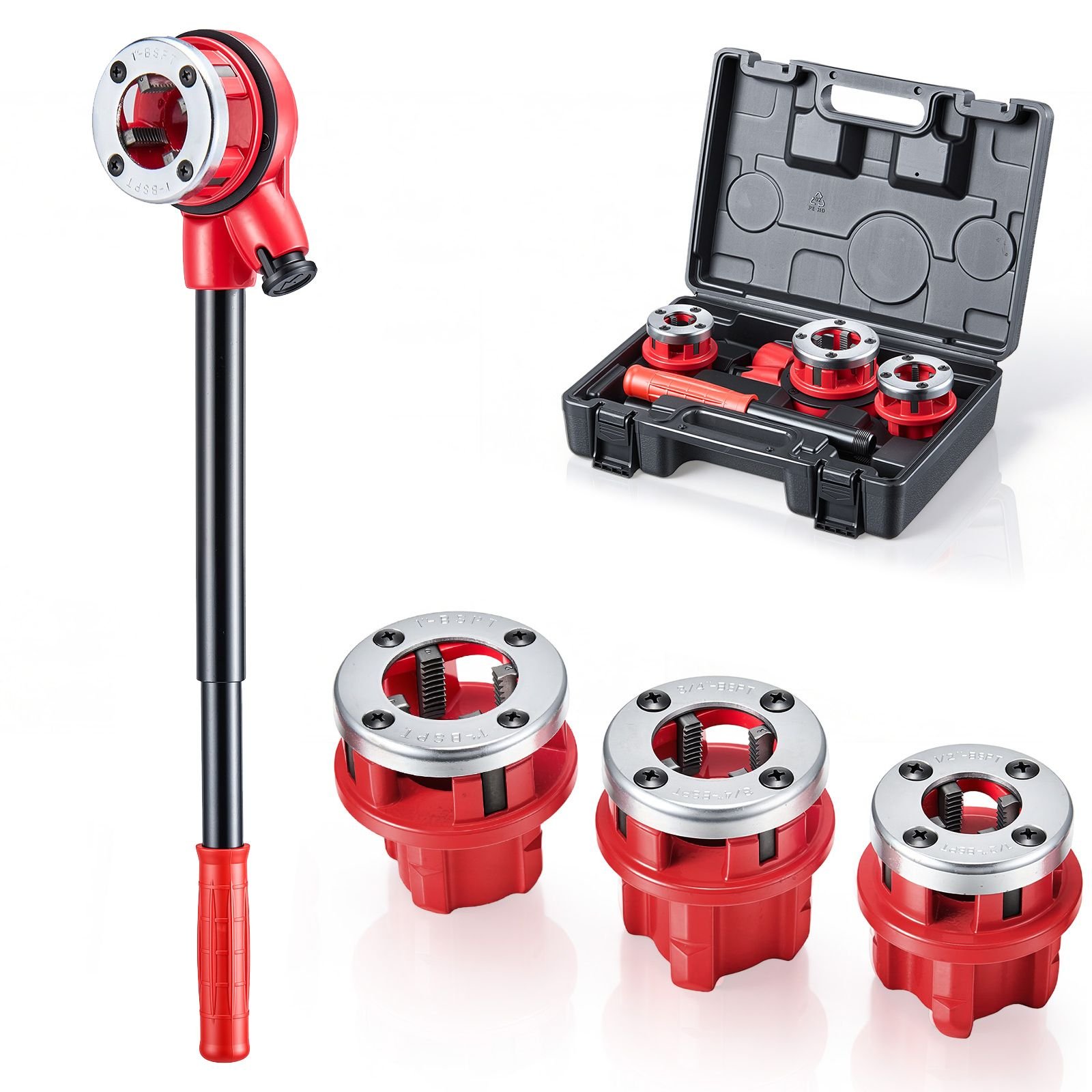ratchet pipe threader kit with 3 dies, 1/2" bspt, 3/4" bspt, 1" bspt manual ratcheting pipe threading tool, portable pipes threader set with toolbox for plumbing installation & repair