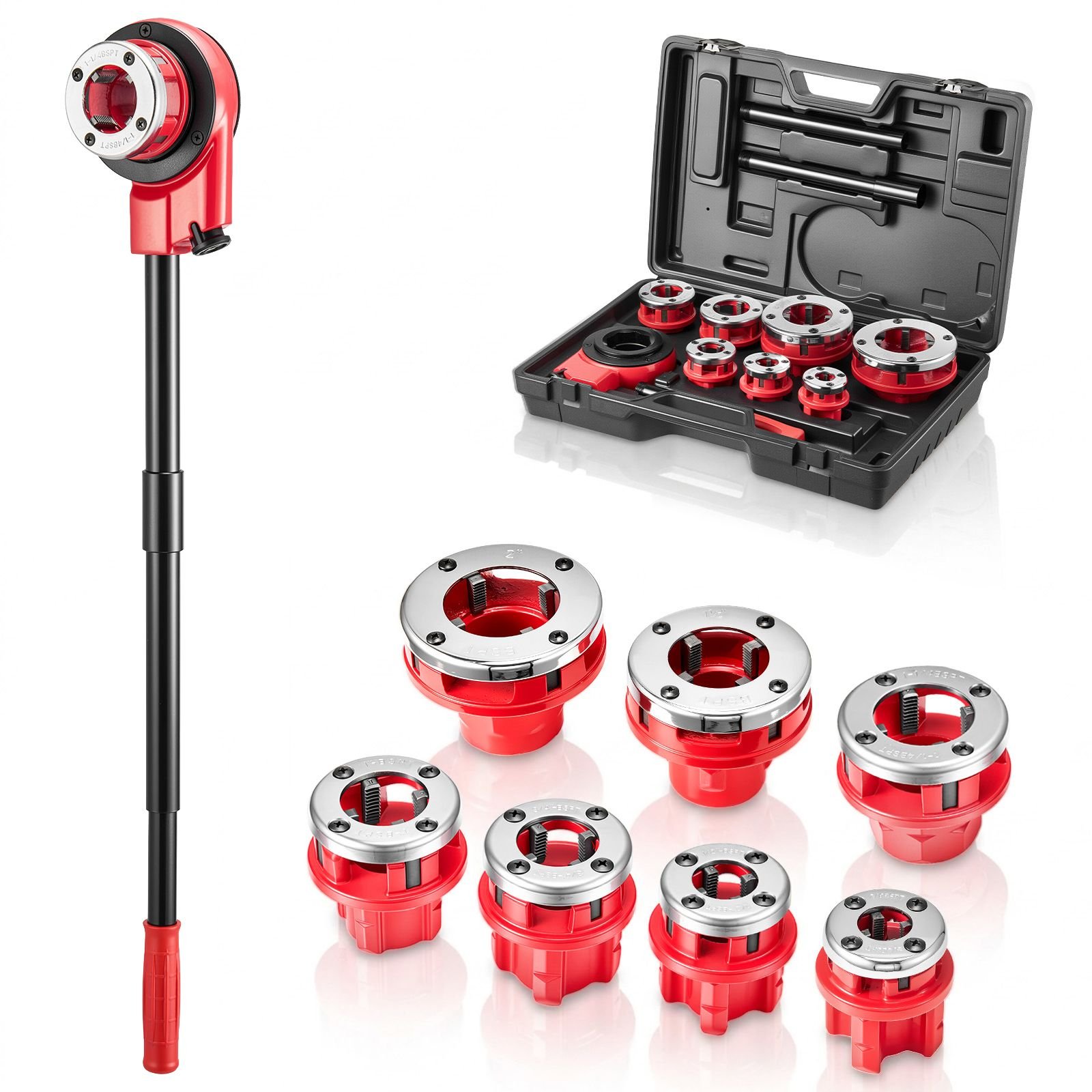 ratchet pipe threader kit with 7 dies, 3/8" bspt to 2" bspt manual ratcheting pipe threading tool, portable pipes threader set with toolbox for plumbing installation & repair
