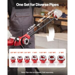 ratchet pipe threader kit with 7 dies, 3/8" npt to 2" npt manual ratcheting pipe threading tool, portable pipes threader set with toolbox for plumbing installation & repair