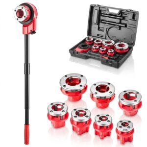 Ratchet Pipe Threader Kit with 7 Dies, 3/8" NPT to 2" NPT Manual Ratcheting Pipe Threading Tool, Portable Pipes Threader Set with Toolbox for Plumbing Installation & Repair
