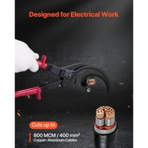 ratcheting cable cutter, spring steel blades with insulated handles, quick release button, heavy duty ratchet cable wire cutter for cutting copper & aluminum cables up to 800 mcm / 400 mm²