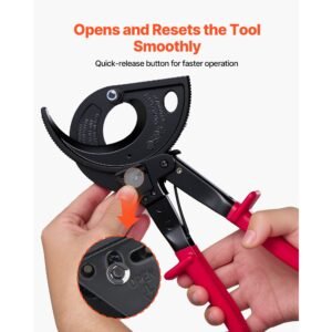 ratcheting cable cutter, spring steel blades with insulated handles, quick release button, heavy duty ratchet cable wire cutter for cutting copper & aluminum cables up to 800 mcm / 400 mm²