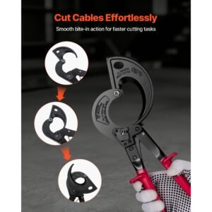 ratcheting cable cutter, spring steel blades with insulated handles, quick release button, heavy duty ratchet cable wire cutter for cutting copper & aluminum cables up to 800 mcm / 400 mm²