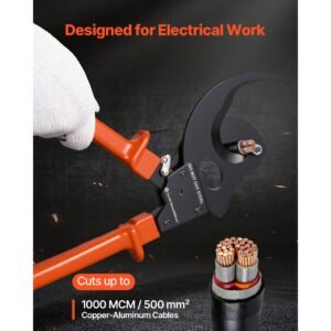 ratcheting cable cutter, spring steel blades with pvc coated handles, quick release button, heavy duty ratchet cable wire cutter for cutting copper & aluminum cables up to 1000 mcm / 500 mm²
