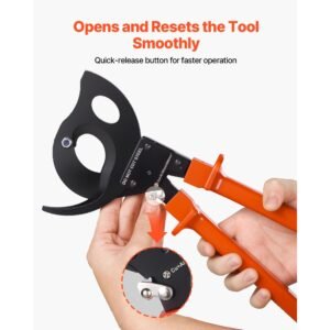 ratcheting cable cutter, spring steel blades with pvc coated handles, quick release button, heavy duty ratchet cable wire cutter for cutting copper & aluminum cables up to 1000 mcm / 500 mm²