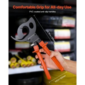 ratcheting cable cutter, spring steel blades with pvc coated handles, quick release button, heavy duty ratchet cable wire cutter for cutting copper & aluminum cables up to 1000 mcm / 500 mm²