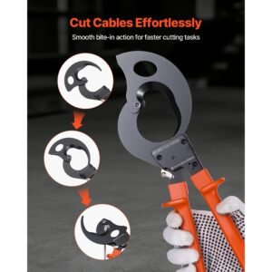 ratcheting cable cutter, spring steel blades with pvc coated handles, quick release button, heavy duty ratchet cable wire cutter for cutting copper & aluminum cables up to 1000 mcm / 500 mm²