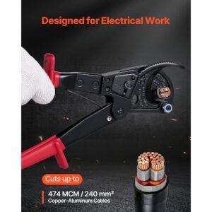 ratcheting cable cutter, spring steel blades with pvc coated handles, quick release button, heavy duty ratchet cable wire cutter for cutting copper & aluminum cables up to 474 mcm / 240 mm²