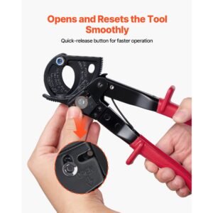 ratcheting cable cutter, spring steel blades with pvc coated handles, quick release button, heavy duty ratchet cable wire cutter for cutting copper & aluminum cables up to 474 mcm / 240 mm²