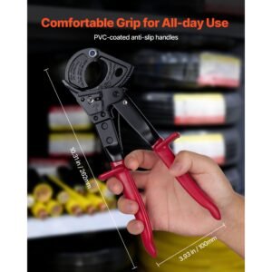 ratcheting cable cutter, spring steel blades with pvc coated handles, quick release button, heavy duty ratchet cable wire cutter for cutting copper & aluminum cables up to 474 mcm / 240 mm²