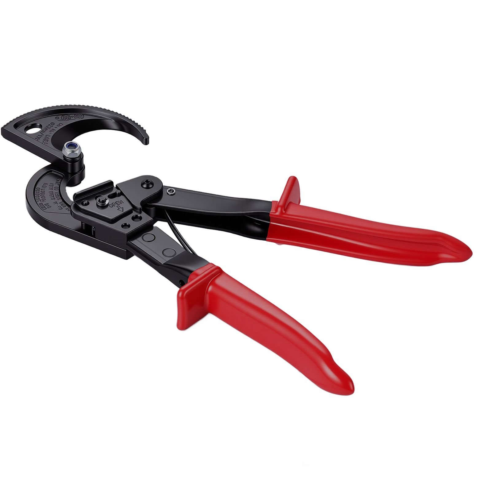 ratcheting cable cutter, spring steel blades with pvc coated handles, quick release button, heavy duty ratchet cable wire cutter for cutting copper & aluminum cables up to 474 mcm / 240 mm²