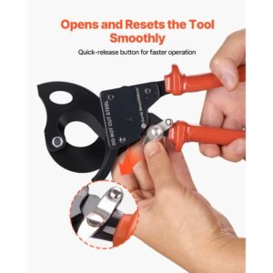 ratcheting cable cutter, spring steel blades with pvc coated handles, quick release button, heavy duty ratchet cable wire cutter for cutting copper & aluminum cables up to 600 mcm / 300 mm²