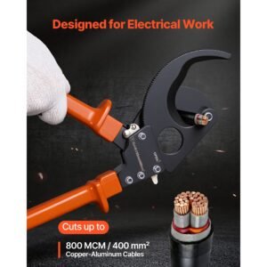 ratcheting cable cutter, spring steel blades with pvc coated handles, quick release button, heavy duty ratchet cable wire cutter for cutting copper & aluminum cables up to 800 mcm / 400 mm²