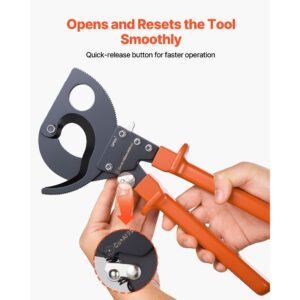 ratcheting cable cutter, spring steel blades with pvc coated handles, quick release button, heavy duty ratchet cable wire cutter for cutting copper & aluminum cables up to 800 mcm / 400 mm²