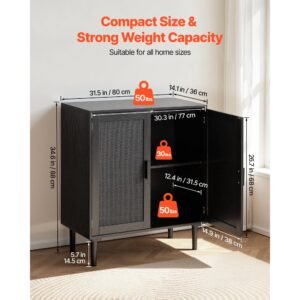 rattan cabinet, rattan storage cabinet with 2 magnetic doors and adjustable shelves, accent sideboard buffet with wooden legs & power cord hole for hallway, entryway, living room, kitchen, black