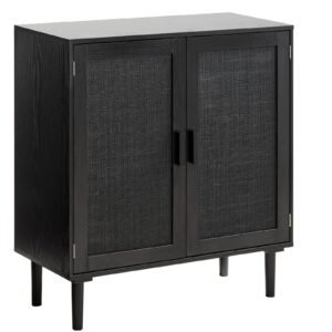 Rattan Cabinet, Rattan Storage Cabinet with 2 Magnetic Doors and Adjustable Shelves, Accent Sideboard Buffet with Wooden Legs & Power Cord Hole for Hallway, Entryway, Living Room, Kitchen, Black