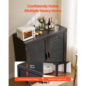 rattan cabinet, rattan storage cabinet with 2 magnetic doors and adjustable shelves, accent sideboard buffet with wooden legs & power cord hole for hallway, entryway, living room, kitchen, black