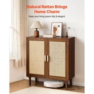 rattan cabinet, rattan storage cabinet with 2 magnetic doors and adjustable shelves, accent sideboard buffet with wooden legs & power cord hole for hallway, entryway, living room, kitchen, khaki