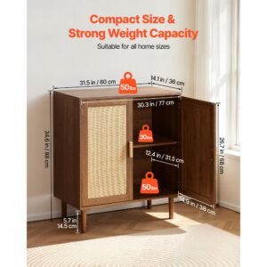 rattan cabinet, rattan storage cabinet with 2 magnetic doors and adjustable shelves, accent sideboard buffet with wooden legs & power cord hole for hallway, entryway, living room, kitchen, khaki