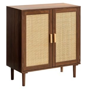 Rattan Cabinet, Rattan Storage Cabinet with 2 Magnetic Doors and Adjustable Shelves, Accent Sideboard Buffet with Wooden Legs & Power Cord Hole for Hallway, Entryway, Living Room, Kitchen, Khaki