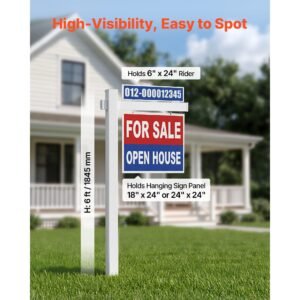 real estate sign post, 2 pack, 6 ft tall, pvc realtor yard sign holder with 36 in arm holds up to 24 in, easy to install, wind resistant, for open house and home, yard, road, white (no signs)