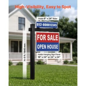real estate sign post, 6 ft tall, pvc realtor yard sign holder with 36 in arm holds up to 24 in, easy to install, wind resistant, for open house and home, yard, road, outdoor, black (no signs)