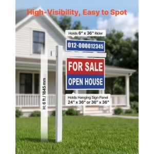 real estate sign post, 6 ft tall, pvc realtor yard sign holder with 47 in arm holds up to 36 in, easy to install, wind resistant, for open house and home, yard, road, outdoor, white (no signs)