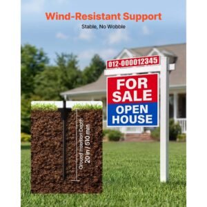real estate sign post, 6 ft tall, pvc realtor yard sign holder with 47 in arm holds up to 36 in, easy to install, wind resistant, for open house and home, yard, road, outdoor, white (no signs)