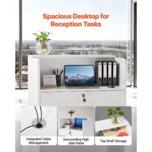 reception desk, 23.6 inch rectangular front counter table, modern office reception desk with drawer, small minimalist retail counter table for checkout, lobby, beauty salon and office, white