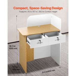 reception desk, 31.5 inch rectangular front counter table, modern office reception desk with led light, 2 drawers & power outlets, retail counter table for checkout, lobby, beauty salon, office
