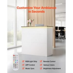 reception desk, 50 inch rectangular front counter table, modern office reception desk with light strip, 3 drawers & storage cabinets, retail counter table for checkout, lobby, salon, office