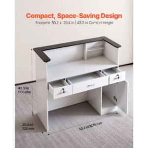 reception desk, 50 inch rectangular front counter table, modern office reception desk with light strip, 3 drawers & storage cabinets, retail counter table for checkout, lobby, salon, office