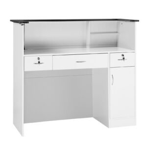 Reception Desk, 50 inch Rectangular Front Counter Table, Modern Office Reception Desk with Light Strip, 3 Drawers & Storage Cabinets, Retail Counter Table for Checkout, Lobby, Salon, Office