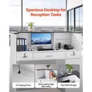 reception desk, 50 inch rectangular front counter table, modern office reception desk with light strip, 3 drawers & storage cabinets, retail counter table for checkout, lobby, salon, office