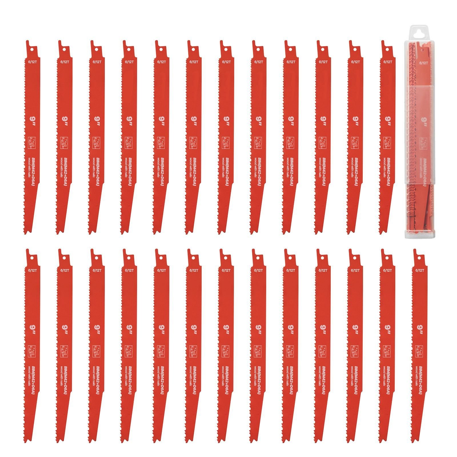 reciprocating saw blades, 25 pack, 6/12 tpi bi metal reciprocating saw blade set with universal shank, sharp teeth for fast and smooth cuts, for wood and nail embedded wood demolition, orange