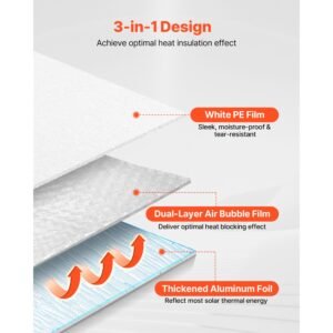 reflective insulation roll, double layer air bubble radiant barrier, 6mm 48 in x 100 ft, aluminum foil white pe film heat reflective shield, thermal insulation roll for garage window rv roofs