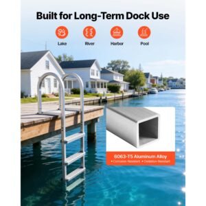 removable dock ladder, 4 steps, aluminum alloy pontoon boat swim ladder, with non slip wide pp steps, 500 lbs weight capacity, quick release design, for lake swimming, pool, marine boarding