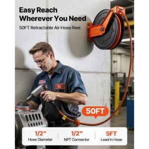retractable air hose reel, 1/2 inch x 50 ft rubber air hose max 300psi, auto rewind air compressor hoses reel with 5 ft lead in, ceiling/wall mount heavy duty steel double arm