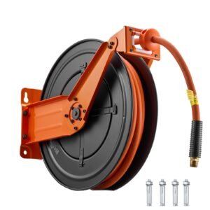 Retractable Air Hose Reel, 1/2 Inch x 50 FT Rubber Air Hose Max 300PSI, Auto Rewind Air-Compressor Hoses Reel with 5 ft Lead in, Ceiling/Wall Mount Heavy Duty Steel Double Arm