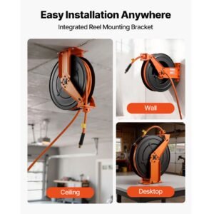 retractable air hose reel, 1/2 inch x 50 ft rubber air hose max 300psi, auto rewind air compressor hoses reel with 5 ft lead in, ceiling/wall mount heavy duty steel double arm