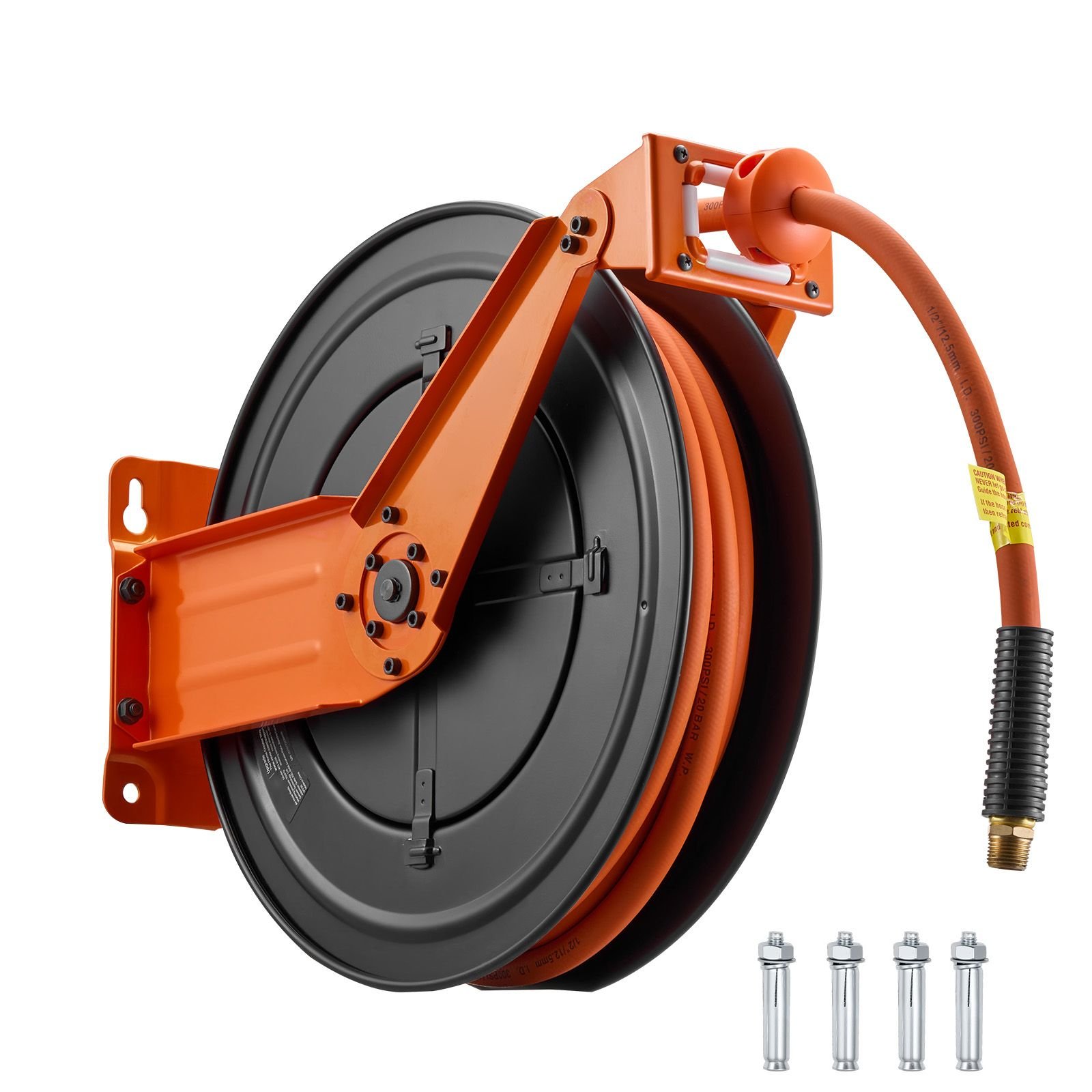 retractable air hose reel, 1/2 inch x 50 ft rubber air hose max 300psi, auto rewind air compressor hoses reel with 5 ft lead in, ceiling/wall mount heavy duty steel double arm