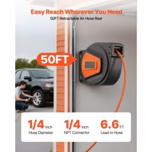 retractable air hose reel, 1/4 inch x 50 ft hybrid air hose max 300psi, enclosed air compressor hoses reel auto rewind with 6.6 ft lead in & blow gun, 180° swivel ceiling/wall mount